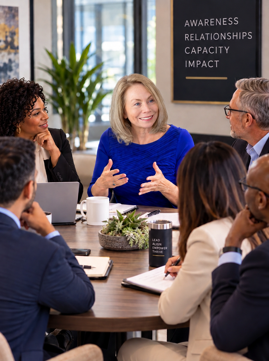 Cheryl Martin facilitating a leadership discussion with a diverse team around a conference table