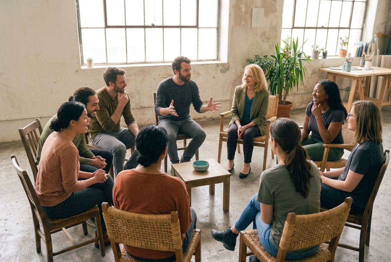 Cheryl facilitating an intimate circle where one team member shares her perspective